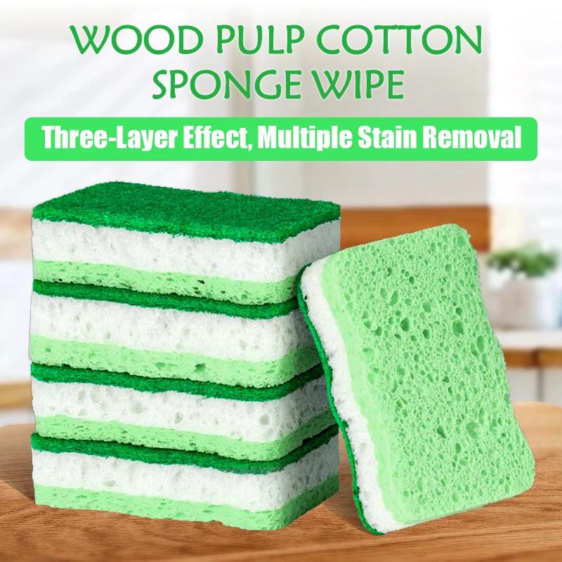 Natural Wood Pulp Cotton Sponge Wipe Re-Washable Sponge Household Cleaning Pad Kitchen Cleaning Gadgets Descaling Cleaning Rub
