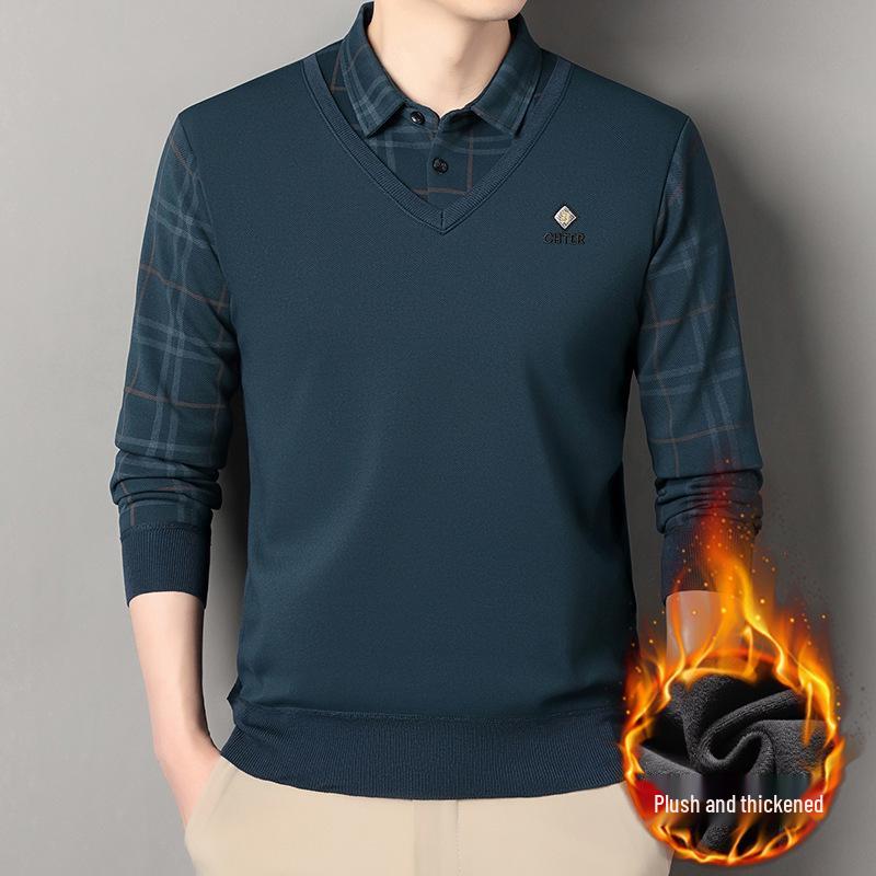Men's Fleece-Lined Two-Piece Shirt Collar Knitted Sweater - Autumn/Winter Warm Base Layer