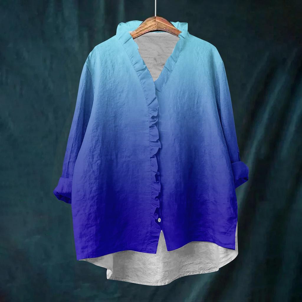 Dame Løs Volangert Blomstert Trykk Ståkrage Langermet Bomull og Lin Topp