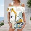 Plus Size Women Cold Shoulder Flutter Sleeve T Shirt Cute Cartoon Excavator Construction Cloud Print Short Sleeve Top