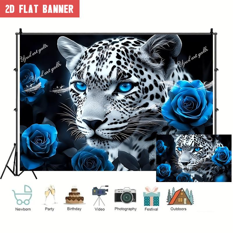 1Pcs White Leopard Blue Eyes Blue Roses Decoration Background Animal Backdrop Decorations For Photo Studio Photo Booth Party
