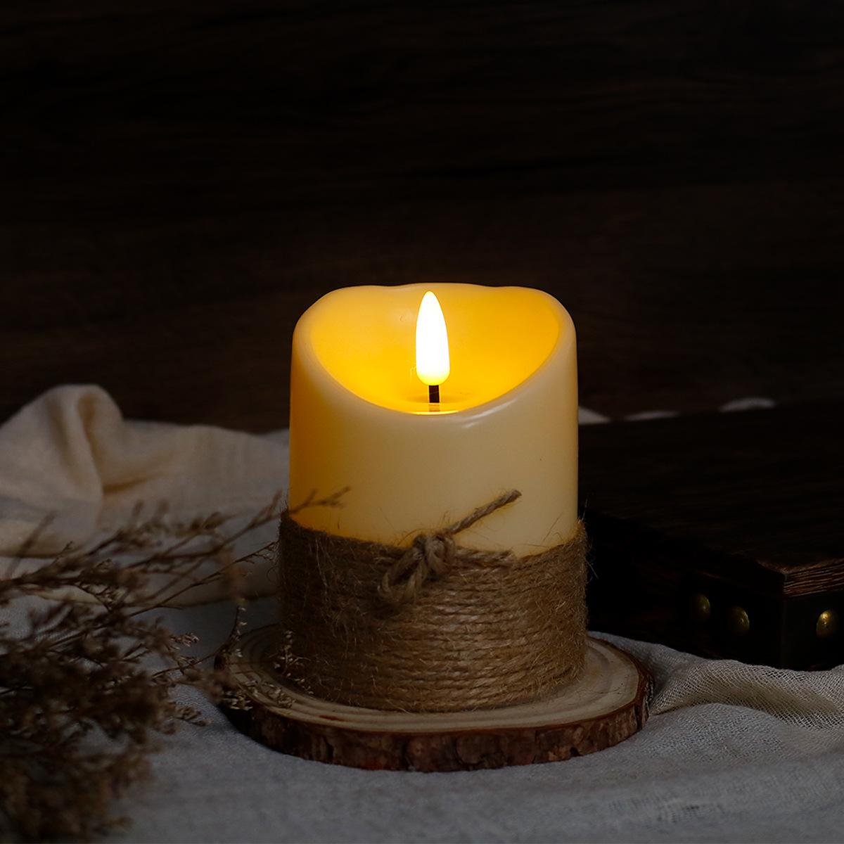 

Simulated LED Candle with Paraffin Wax and Waving Wick, Hand-Tied Hemp Rope, Slanted Mouth - Wedding Decoration.