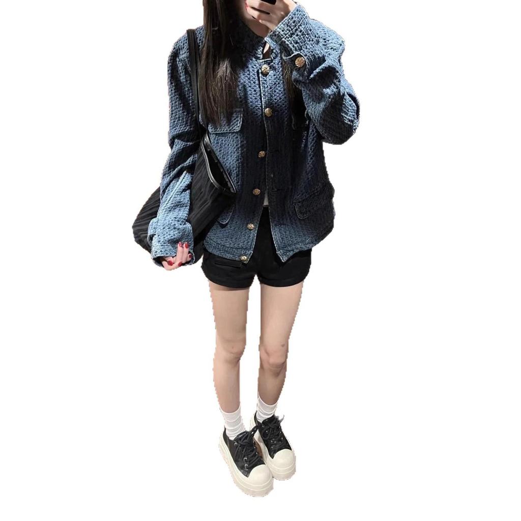 Women's French Chic Blue Denim Jacket - Old Money Style, Petite Short Top, Fall 2025