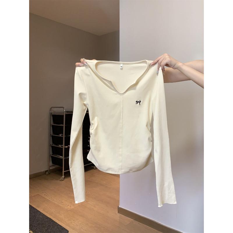 Small Neck Embroidered Splicing Bottom Shirt Women's Spring Waist Pleated Front Shoulder Long Sleeve T-Shirt Top