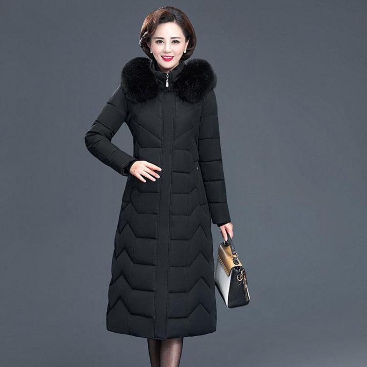 Damen Daunenjacke mit Kapuze Pelzkragen Mantel Große Größe Lang Schmal Geschnitten Baumwolle Gefüttert Winter Warm