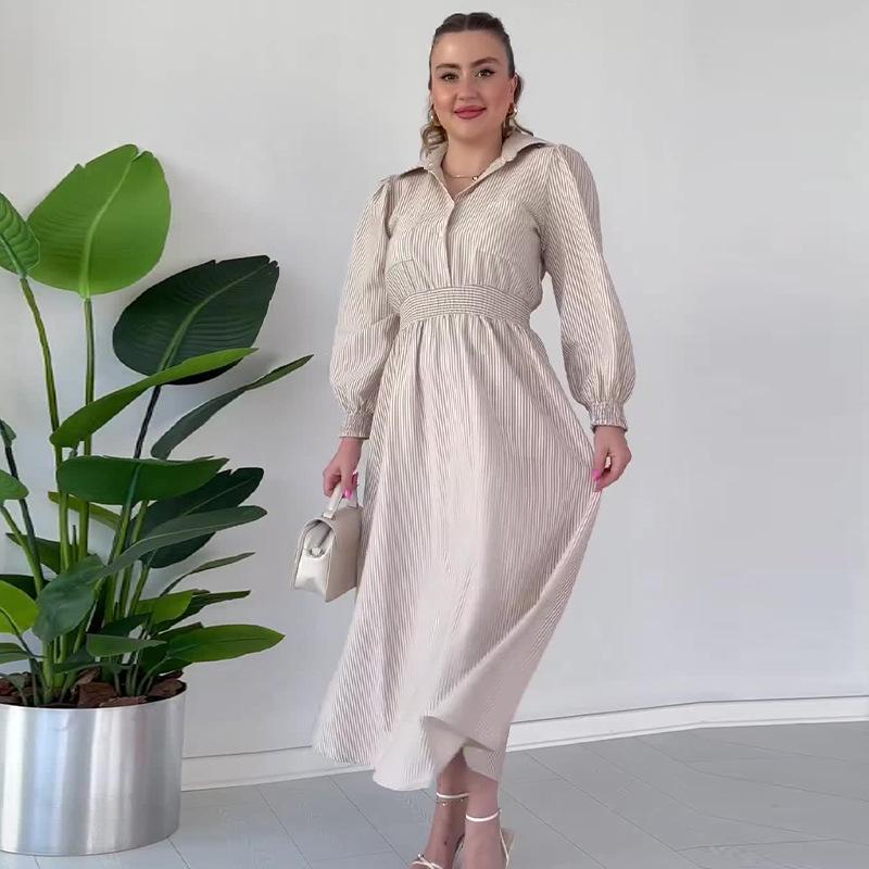 

2024 Autumn European & American Women s High Waist Elegant Turn-Down Collar Long Commuter Shirt Dress M абрикосовый