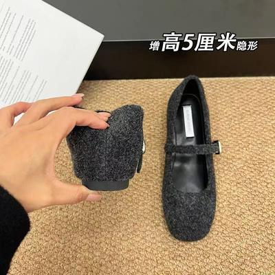 Małe zimowe buty Mary Jane z aksamitu z wewnętrznym podwyższeniem obcasa piękne pojedyncze buty damskie francuskie modne retro szare puszyste buty