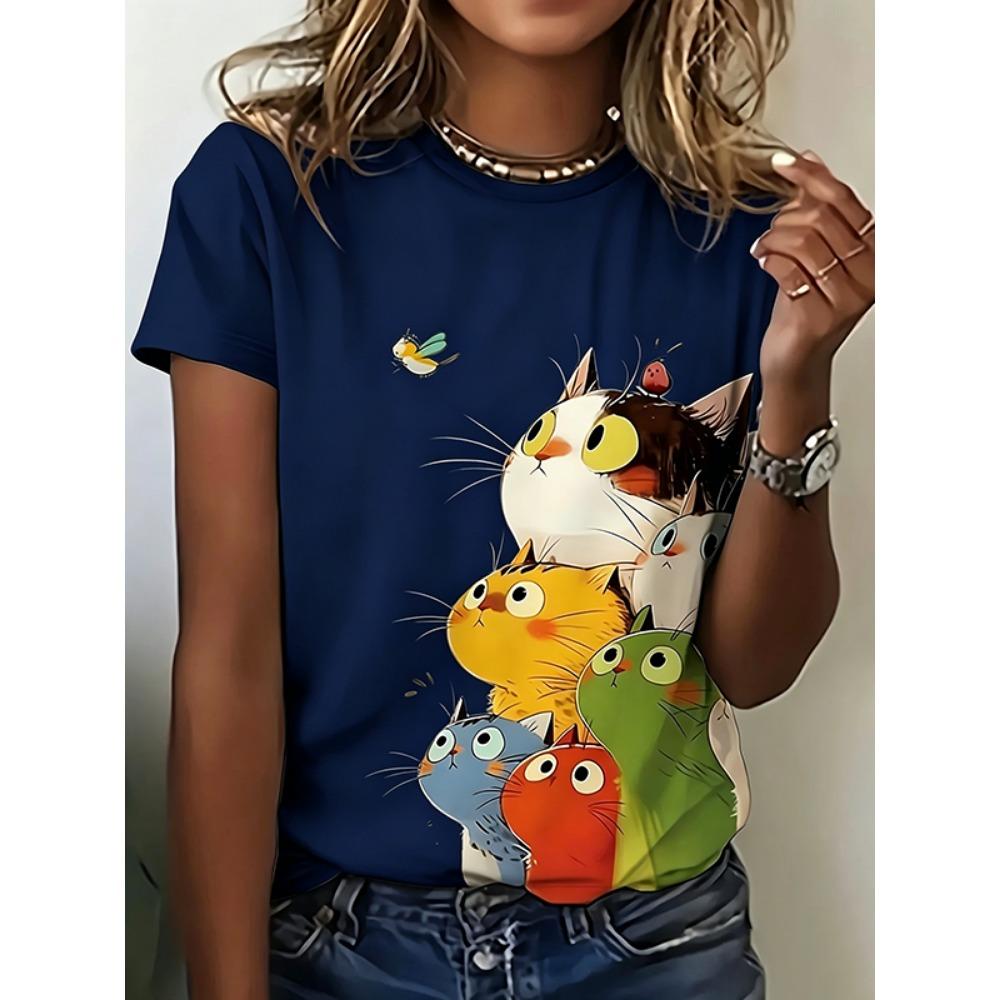 Colorful Stacked Cat Women's T-shirt - Cute Cartoon Cat Pattern