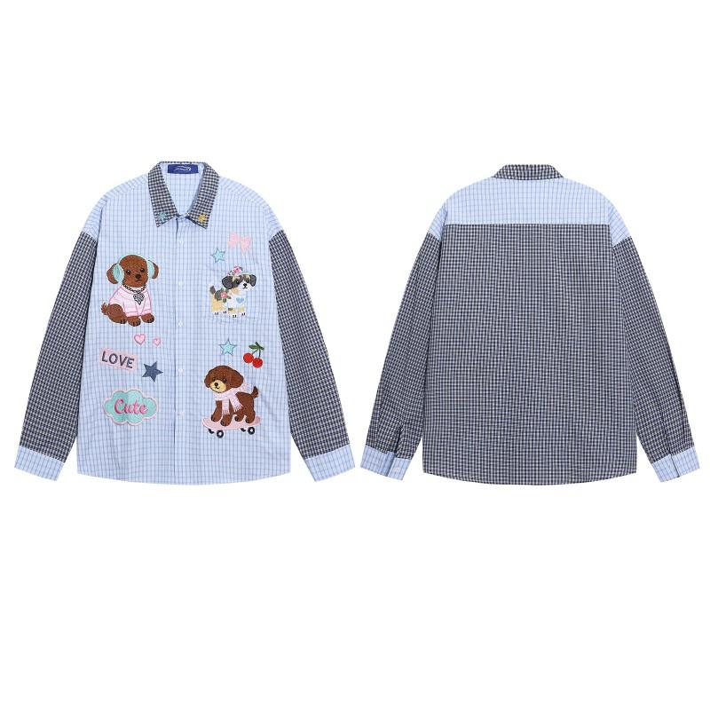 American Vintage Plaid Shirt Cute Dog Embroidery Long Sleeve Loose Casual Top Men Women