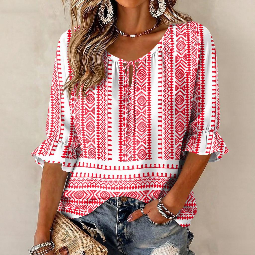 Women's Vintage Floral Print Blouse with Tie Neck and Ruffle Three-Quarter Sleeves