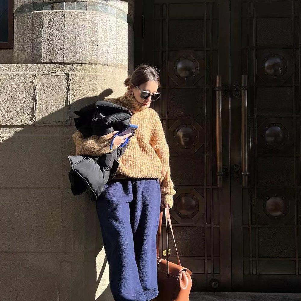 Women Chic Fleece Pants Fashion Solid Simple Loose Leisure Young Popular All-match Soft Warm Trousers Girls Thicker Ins New BF