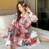 Women Ice Silk Long Sleeve Suit Pajamas Print Fashion Pyjamas