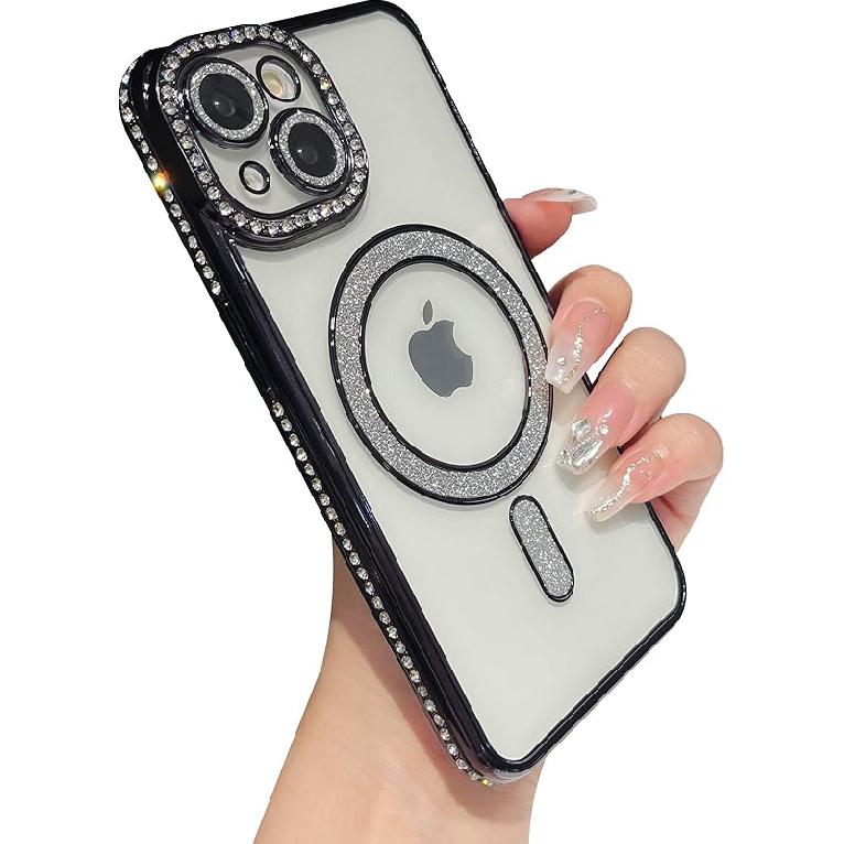 Caseative for iPhone 15 Case,Glitter Bling Clear Magnetic Compatible with MagSafe Wireless Charging (Gold)