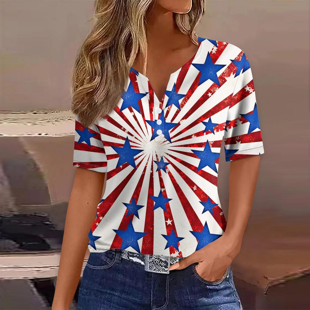 Dámské tričko Tričko Potisk knoflíku Krátký rukáv Denní víkend Móda Basic Top s výstřihem do V