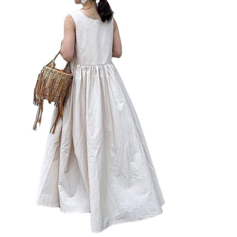 Elegant V-Neck Sleeveless Midi Dress With Pleated Skirt High Waist Cotton Linen Blend Women Office Chic
