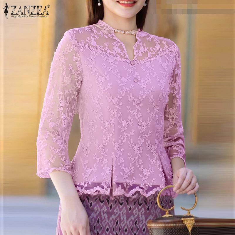 

ZANZEA Women Elegant Lace Patchwork Casual 3/4 Sleeve Blouse 5XL помаранчевий