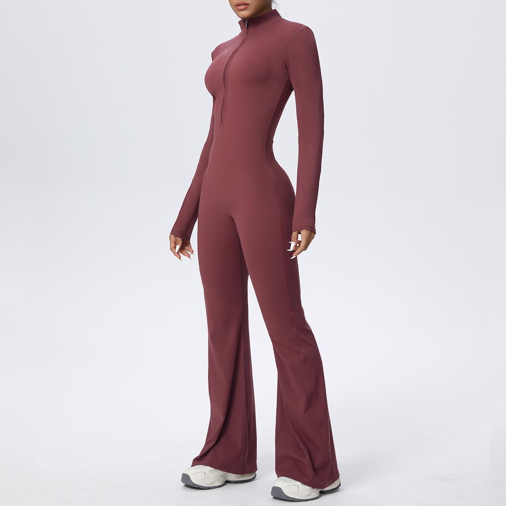 Zipper nude long-sleeved yoga flared pants onesie women's running fitness clothes sports trend onesie tights