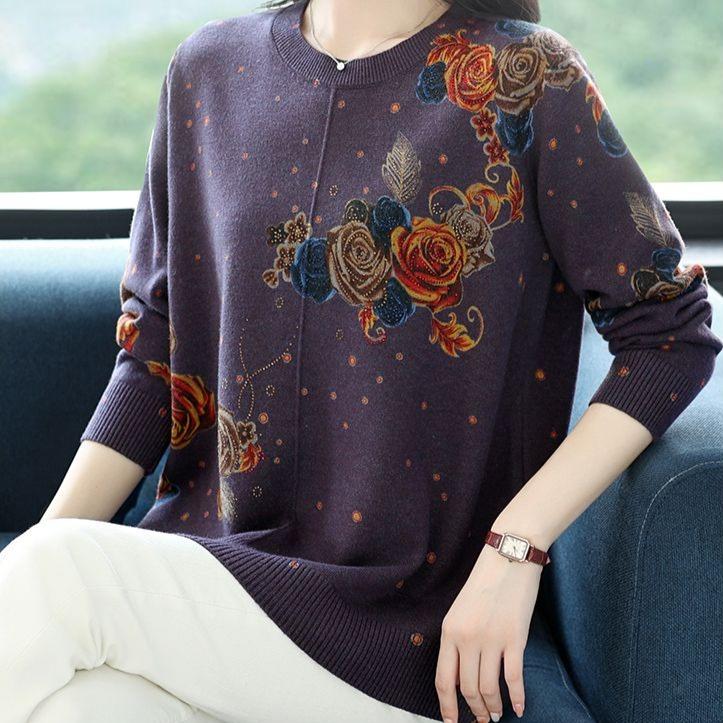 Women's Printed Wool Sweater Loose-Fit Crew Neck Plus-Size Sweater Autumn and Winter Warm Soft Stretchy Knit Top