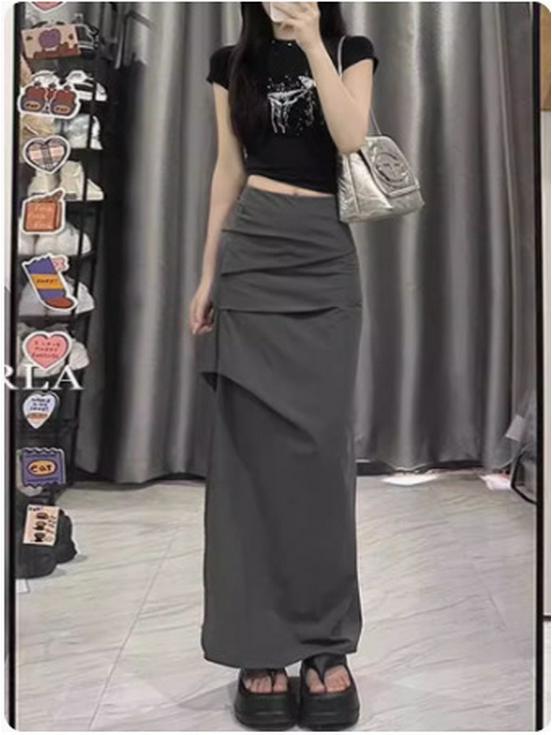 Women s Retro High-Waist Pleated Slit Skirt - Slimming, Quick-Drying Winter Design Small серый