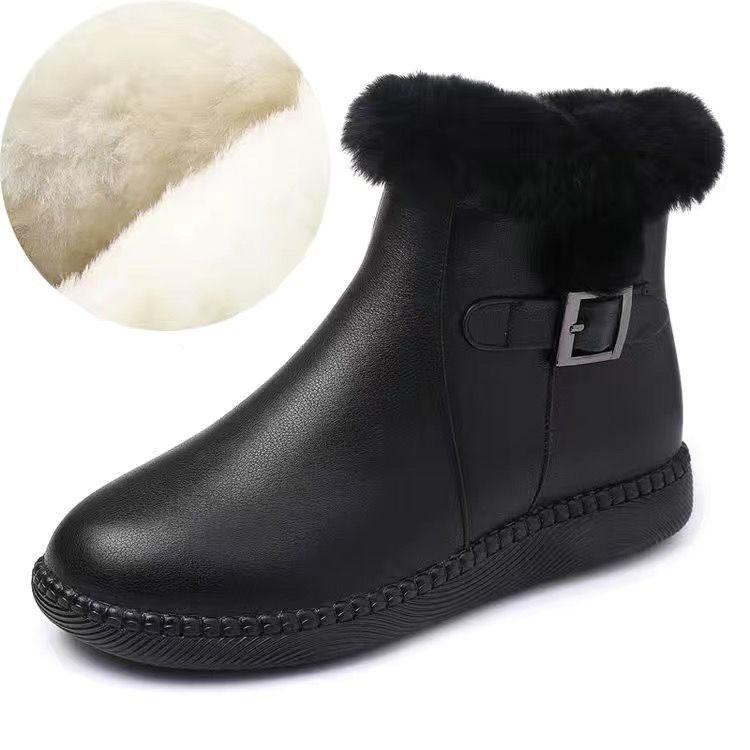 Flat-bottomed Short Boots, Women's Winter Mother Shoes, Rabbit Fur Thick Cotton Shoes, Women's Boots, Soft-soled Plus Velvet Leather Shoes, Snow Boots