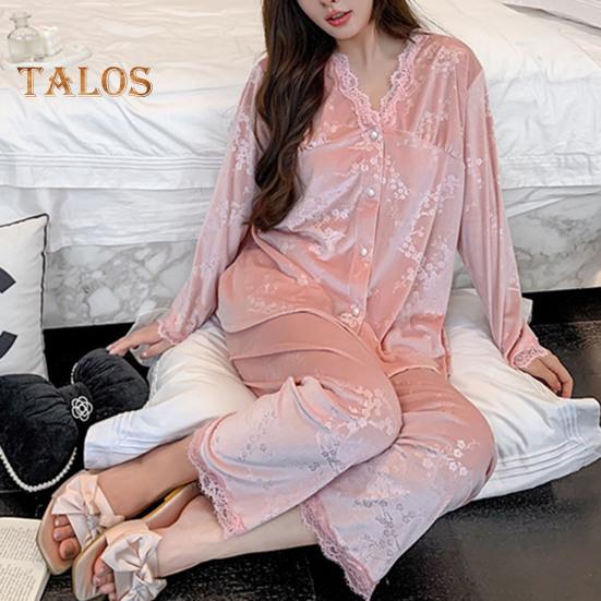 2 шт./комплект осень-зима женская пижама костюм кружевная отделка V-образный вырез принт — фото 6