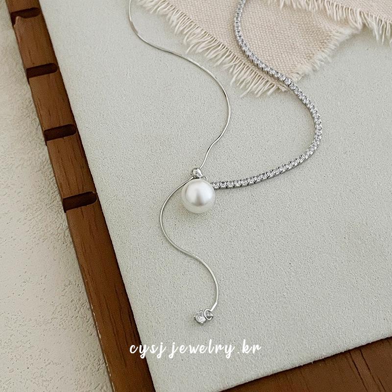 Cui Yan S925 Sterling Silver Korean Asymmetrical Long Necklace with Rhinestones & Pearl Clavicle Chain