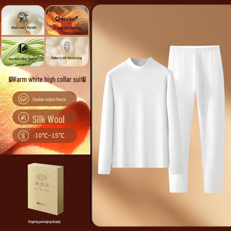 Women's Silk Wool Velvet Thermal Underwear Set - Half-High Collar Top & Pants for Autumn/Winter