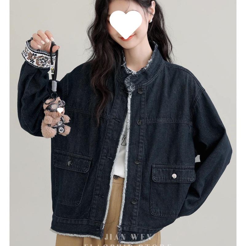 Dżinsowa kurtka z kołnierzem stójką Retro na wiosnę/jesień 2025 - Stylowa luźna, krótka w stylu hongkońskim dla kobiet