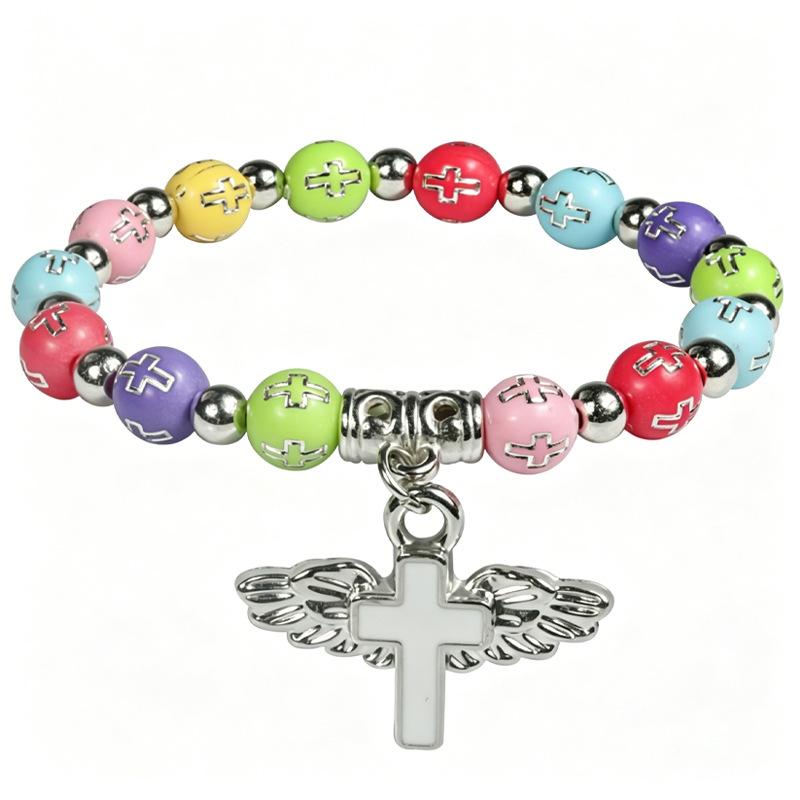 Angel bracelet with cross pendant, acrylic beads, hand-woven elastic bracelet