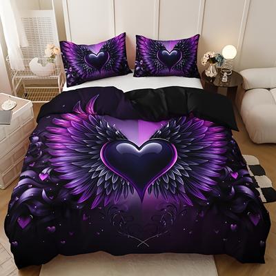 Love Gradient Purple Wings Quilt Cover Set 1 Quilt Cover + 2 Pillowcases High-definition Printing for Home and Dormitory