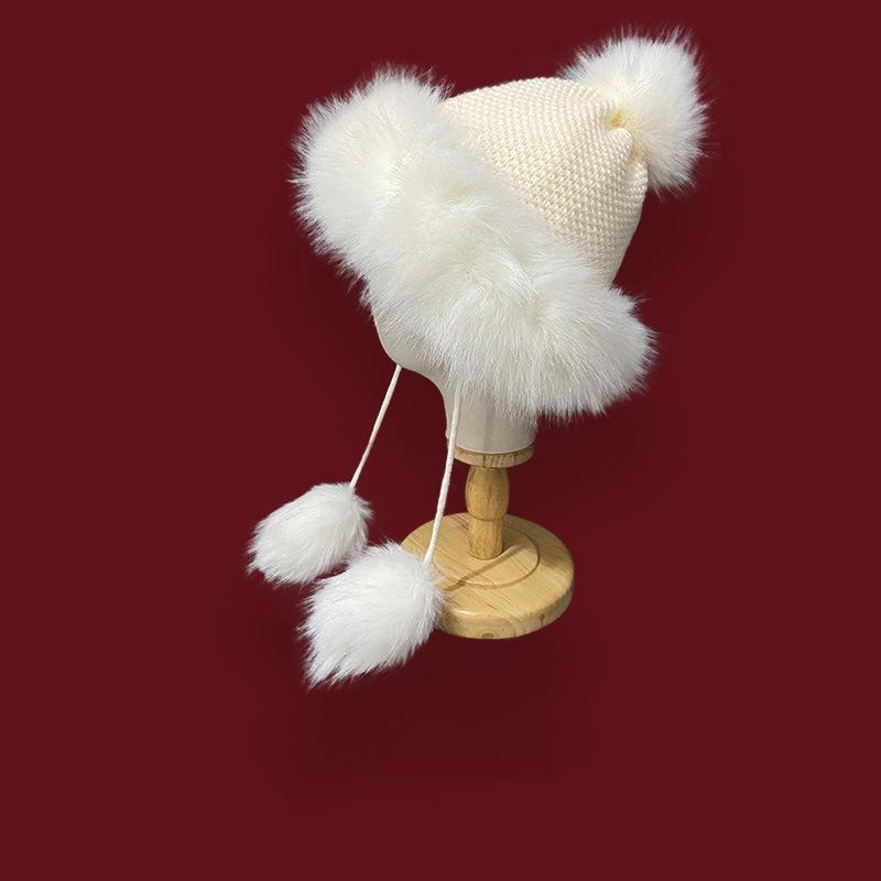 Damen Rote Bommel Strick Lei Feng Mütze - Warmer Samt, Modische Ohrenschutz Skimütze für Weihnachten & Neujahr.