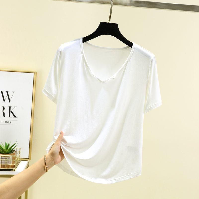 

Модальная повседневная футболка с коротким рукавом женская летняя тонкая универсальная с маленьким V-образным вырезом базовая футболка большого размера свободная для дома блузка White XL (60.00 kg-70.00 kg recommended