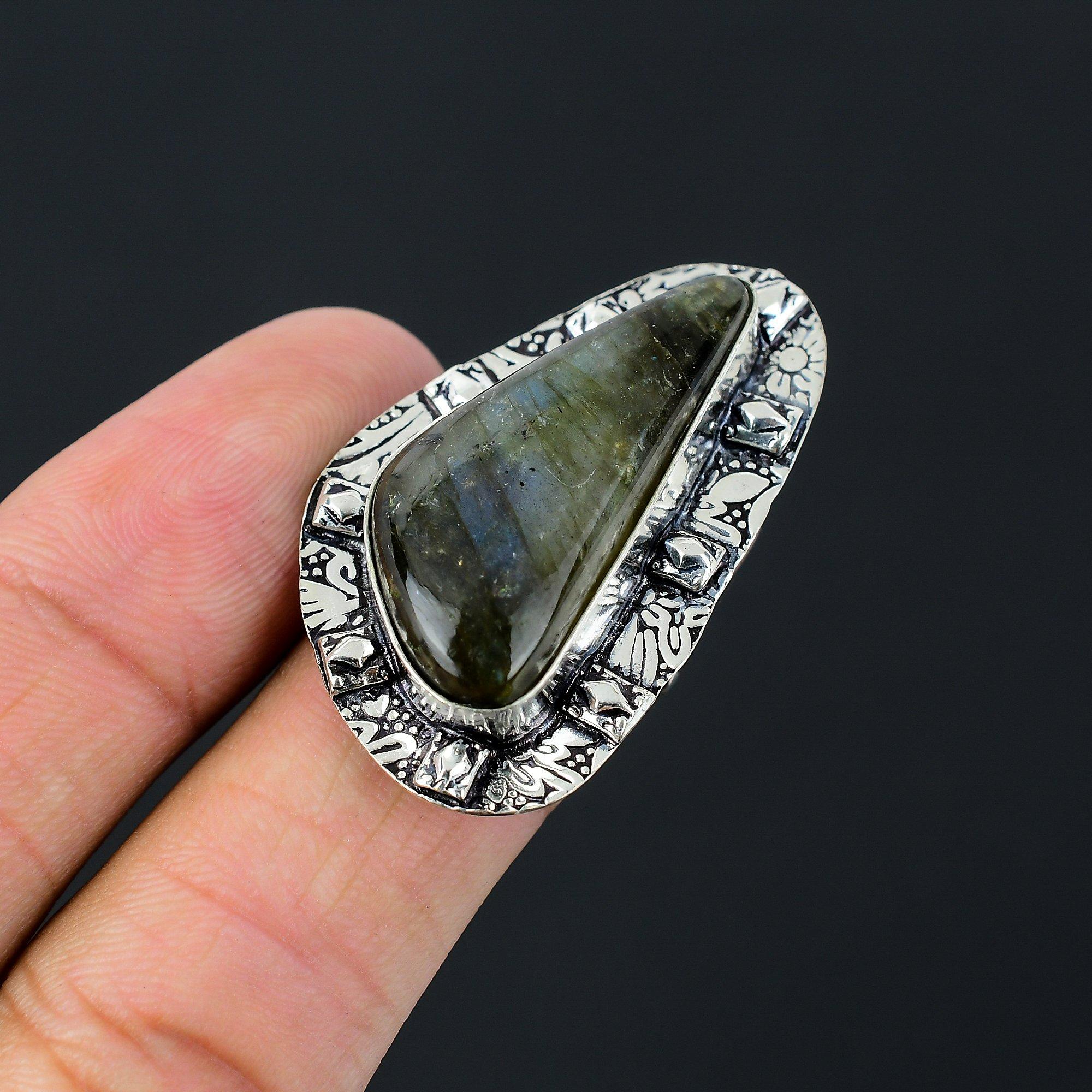 Natural Labradorite Gemstone Statement Ring Size 6.5 925 Silver For Girls 6.5