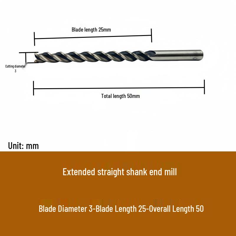High-Speed Steel Extended Straight Shank Three-Flute End Mill, 2.5-10mm, White Steel