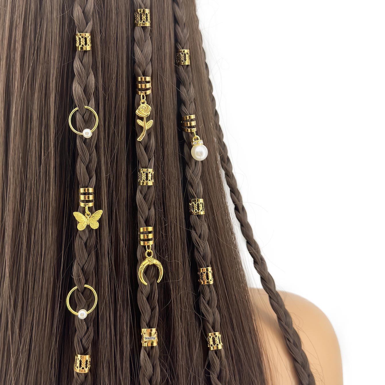 26-Piece Pearl Ancient Style Dreadlock Hair Rings for European and American Fashion золотой