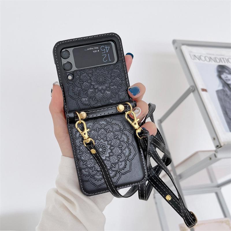 Mandarava Flower Crossbody Case for Samsung ZFlip7/6/5/4 - Foldable Screen Protective Cover with Lanyard