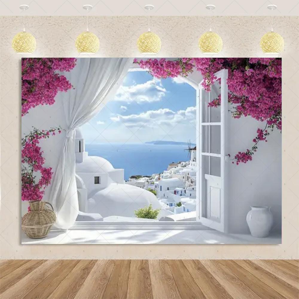 Nordische Griechische Landschaft Hausparty Dekorationen Inselstadt Santorin Blaue Kuppel Kirche Ägäis von Santorin Fotografie Hintergrund