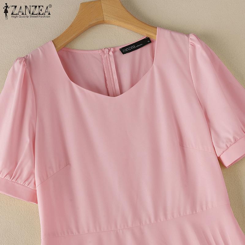 ZANZEA Women Casual V-Neck Short Sleeve Summer Pleated Long Dress