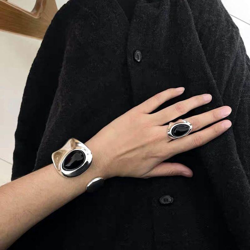 

Design Imitation Black Agate Inlaid Bracelet, New Chinese Style Metal Adjustable Open Bracelet, European and American Fashion Versatile Accessory Ring Us Size 6
