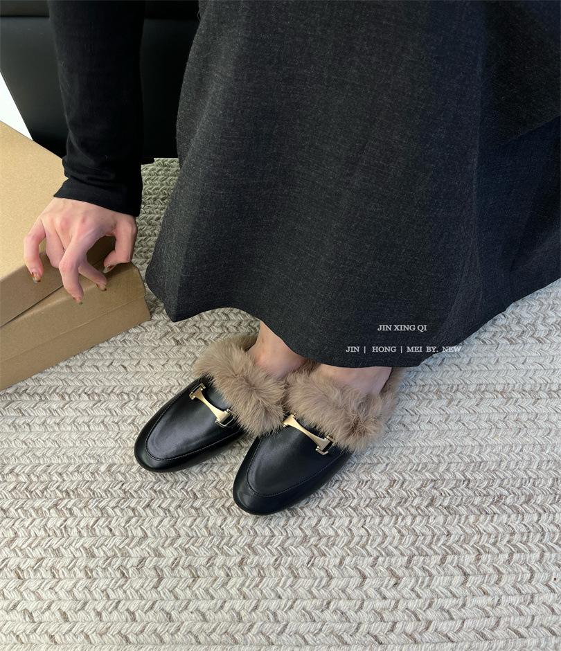 Internet celebrity 2025 hair bag head half slippers women wear autumn and winter fashion versatile medium heel thick heel muller shoes ins tide