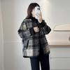 Women Check Pattern Woolen Coat Causal Loose Long Sleeves Jacket Fashion Warm Round Neck Single Breasted Buckle Outerwear Spring Autumn