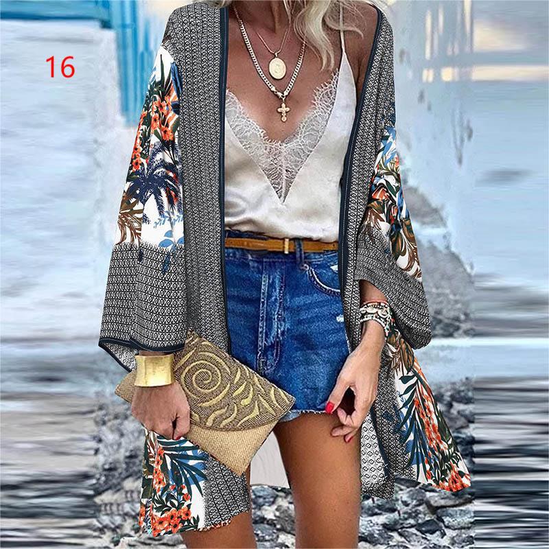 Summer Bohemian Casual Cloak Cardigan for Swimsuit Woman Beach Swimwear Tops Long Sleeved Shawl Chiffon Shirt