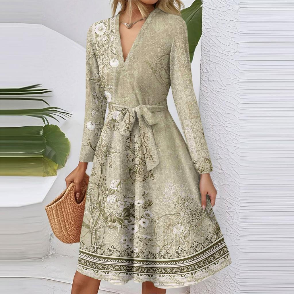 Women's Fashion Casual V-Neck Long Sleeve Waist Retro Printed Midi Dress