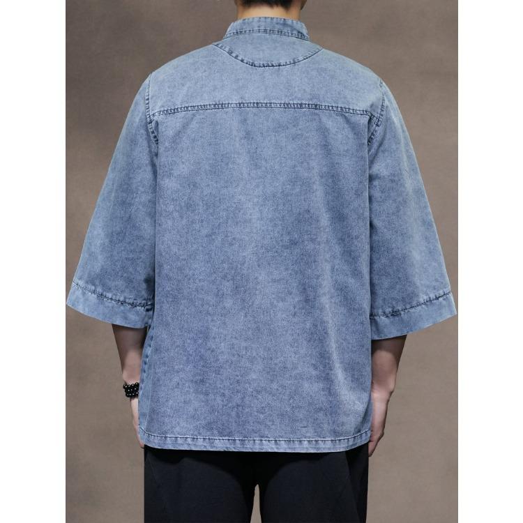 Mens Chinese Style Loose Denim Shirt Retro Pan Buckle Design Big Size Three Quarter Sleeve Top