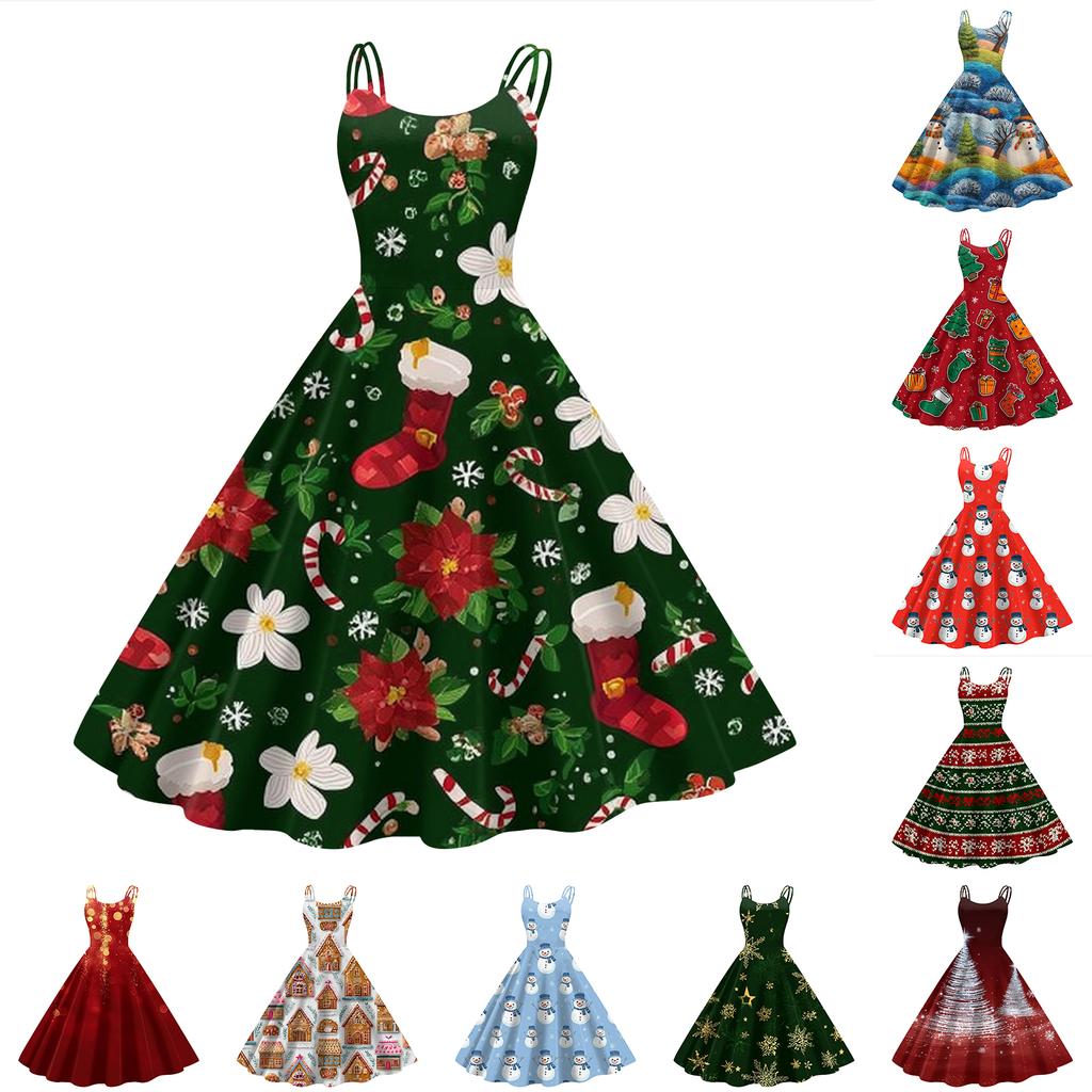 Women's Fashion Casual Christmas Print Sexy Off-the-shoulder Punk Retro Dress