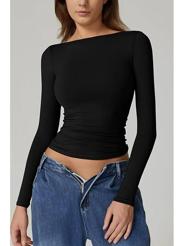 European & American Style Backless Long-Sleeve Slim Fit Tops - Sexy, Stylish Autumn Round Neck T-Shirts for Women