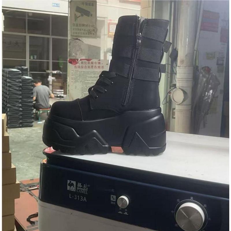 Fashion Women Ankle Booties Autumn Leather Chunky Shoes Woman High Platform Breathable Sneakers 9CM Thick Sole Wedges Motorcycles Boots