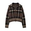 Winter Plaid Knit Bomber Jacket Women Streetwear Casual Short Coat With Zipper Collar