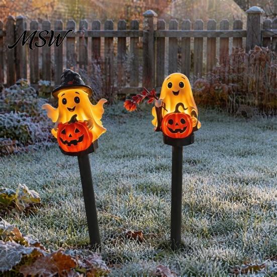 Outdoor Halloween Yard Decorations Solar Ghost Pumpkin Stake Light, LED Auto Light Sensor Garden Lamp, Waterproof Cute Lawn Ornament Decorative Ground