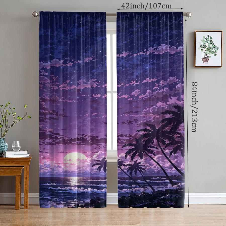 Beach Print Curtains Under Moonlight Pole Bag Christmas Decorations Daily Home Room Curtain Made Of Polyester Washable